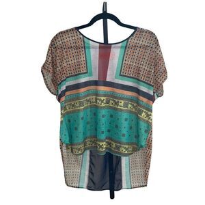 𝅺clover Canyon Multi-Colored Mixed Print Blouse Top S High Low Hem Boho